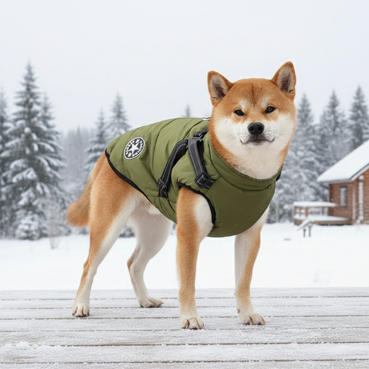 Dog wearing olive green vest jacket